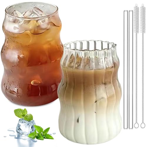 Aicharynic Lot de 2 verres nervurés de 530 ml avec pailles en verre pour latte macchiato, cocktail, café glacé avec brosses, utilisé pour cocktail, lait, eau, soda, cadeau