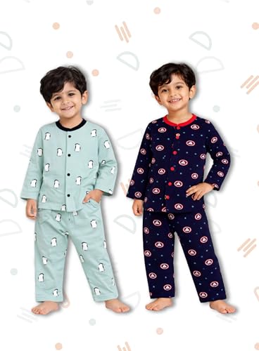 Image of 3BROS Kids Pure Cotton Night Suit Set | Boys Girls Printed Sleepwear Shirt & Pajama Clothing Combo | Soft Breathable Night Dress Outfit | Pack of 2