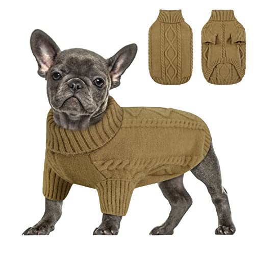 Lista de Prendas de punto Top 10. 32 Queenmore Small Dog Pullover Sweater, Cold Weather Cable Knitwear, Classic Turtleneck Thick Warm Clothes for Chihuahua, Bulldog, Dachshund, Pug (Light Brown, Medium)