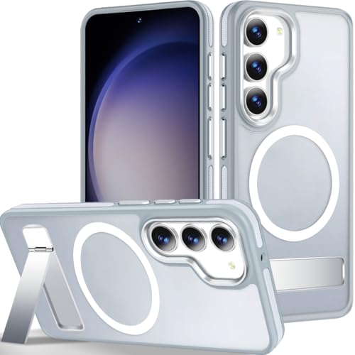 Image of MALEWOLF for Samsung Galaxy S23 Case with Stand, Compatible with Magsafe, Strong Magnetic Phone Case for Galaxy S23, Mil-Grade Protection for Non-Slip Matte Translucent Cover (Grey /White)