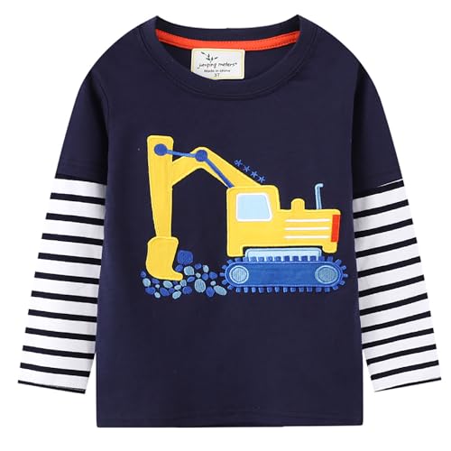 DDSOL Toddler Boys Long Sleeve Shirt Embroidery Excavator Car Truck Lover Blue Stripe Patchwork Fall Winter Causal 2T