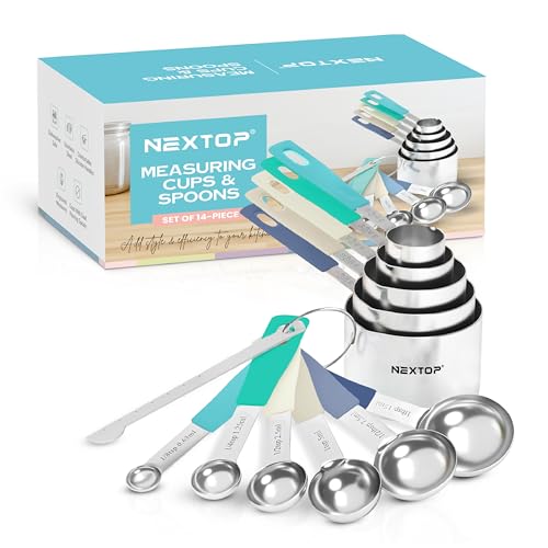 Nextop 14-Piece Stainless Steel Measuring Cups and Measuring Spoons Set with All Stackable Sizes and Leveler for Dry Ingredients, Complete Set for Kitchen & Baking Measuring Tools (Aqua Sky Blue Set)