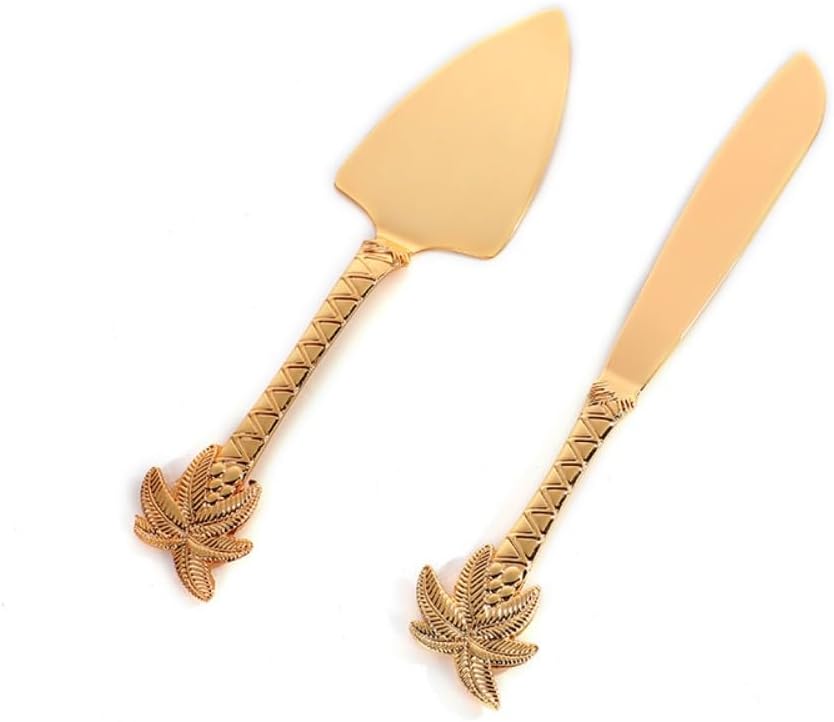 Exquisite Cake Knife and Shovel Server 2-piece Set Cake Cutlery Gold Desktop Decoration Creative Pattern Handle Alloy Knives (L)