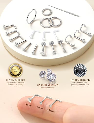Morfetto 19Pcs Hypoallergen Nasenstecker, Nasenpiercing Ring Silber 316L Chirurgenstahl Septum Piercings Silber Nasenpiercing Stecker Nostril Piercing Set Nostril Push-In Flat Piercing Schmuck 18/20G