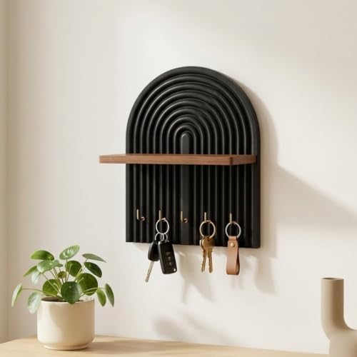 Image of Home Sparkle Wall Mounted Key Holder for Home Entrance with Shelf | Premium MDF Wood Organizer with Paint Finish | Modern Key Hanger Rack with 5 Hooks for Keys & Daily Essentials | Black & Walnut