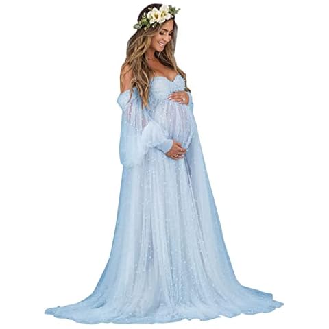 Molisa Womens Tulle Maternity Dresses For Photoshoot Long Puffy Off Shoulder Pearl Bridal Pregnancy Gowns Light Blue S/M Cover