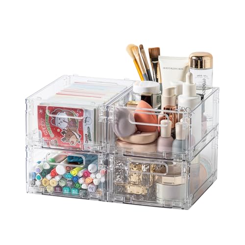 BasedFloor 4-Pack Foldable Plastic Baskets, Stackable Storage Baskets with Handles for Organizing and Storage, Foldable Crate for Office, Home, Bedroom, Outdoor (8.07'x 6.1' x 3.74')