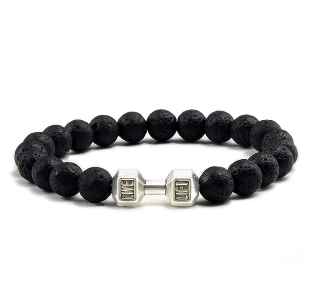 Natural Agate Volcanic Lava Onyx Beads Body Building Fitness Dumbbell Charm LIVE LIFT Bracelet for Men and Women Boys and Girls and for Gift and Gym Lovers
