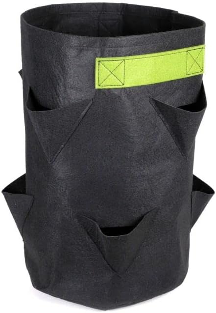 247Garden 15-Gallon Strawberry Fabric Pot +8 Mini Pockets w/Green Handles (260GSM, Black, 21H X 14.5D), 5-Pack