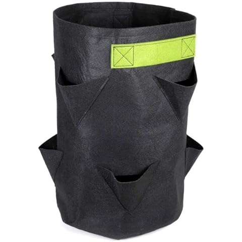 247Garden 15-Gallon Strawberry Fabric Pot +8 Mini Pockets w/Green Handles (260GSM, Black, 21H X 14.5D), 5-Pack Cover