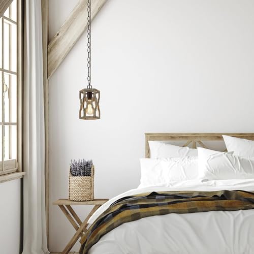 Image of KSANA Farmhouse Wood Pendant Light, Cage Lantern Hanging Light Fixture for Kitchen Island, Foyer, Hallway, Bedroom and Entryway