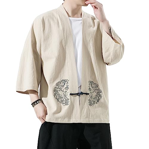 Image of Mens Kimono Cardigan Cotton Linen Japanese Shirt 3 /4 Sleeve Haori Yukata | Skin-Friendly Solid Color Lightweight Shawl Collar Kimono Robe Embroidery Button Tie Pockets Happi Coat All Season Daily Wear