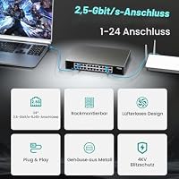 24 Port 2.5Gb Ethernet Switch Unmanaged, NICGIGA 24 Port 2.5G Network Switch, Plug & Play, Desktop or 19-inch Rack Mount, Fanless Metal Design. – Ansicht 3