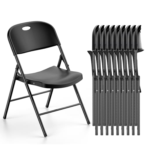 Nazhura 350 Weight Limit Heavy Duty Plastic Folding Chair with Reinfoced Steel Frame for Indoor and Outdoor, Wedding, Party, Restaurant, Meeting Room, Patio and Garden (Black, 10 Pack)