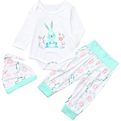 Bebés Con Pijamas De Animales Honestyi - Juego de 3 piezas para bebés (3 unidades, diseño de conejo, manga larga, con flores, elástico, redondo, sombrero de combinación lindo, ropa casual, para niños, 3 – 24 meses), blanco,