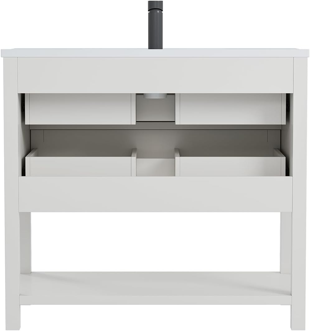 36" Bathroom Vanity with Sink,Modern Bathroom Single Sink Vanity, Bathroom Storage Cabinet with Drawers& Storage Shelf, SMC Integral Sink, White