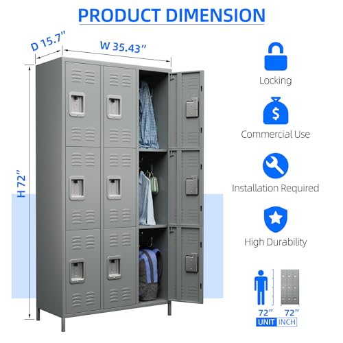 9 Doors Storage Locker Combination with 18 Hooks,Industries Double Tier Metal Locker for School Office Gym Home Employees Staff Sundries Room W35.43*D15.7*H72 (Light Grey)