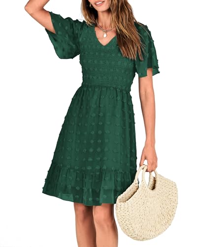 BTFBM Womens Beach Vacation Dress Summer 2025 V Neck Short Sleeve Smocked Swiss Dot Cute Ruffle Casual Fall Mini Dresses(Dark Green, X-Large) - Image 6