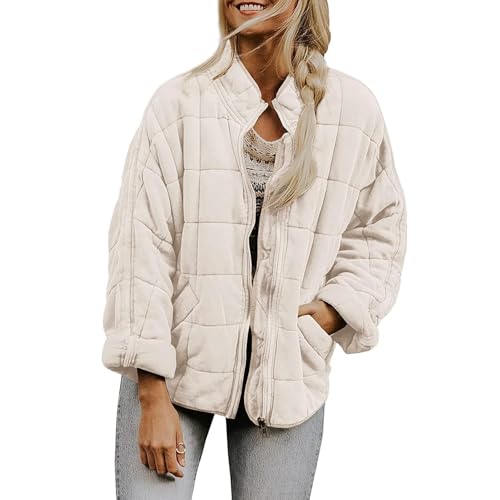 Quilted Jacket for Women Lightweight Coat Full Zip Stand Collar Oversized Dolman Quilted Jackets Loose Warm Winter Outwears