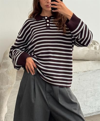 Thopavenoir Women Y2k Striped Rugby Polo Shirt Knit Vinatge Tops Long Sleeve Button Collared Neck Preppy Pullover Sweatshirt2