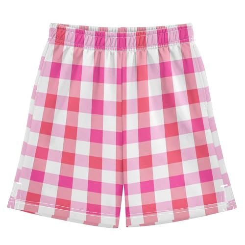Red Gingham Check Athletic Shorts with Zipper Pockets, Youth Boys Athletic Running Shorts for Summer