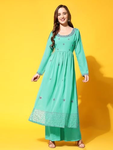 Image of PH POSHAKHUB Women A-Line Nyra Cut Kurta with Sharara in Georgette with Aari Work