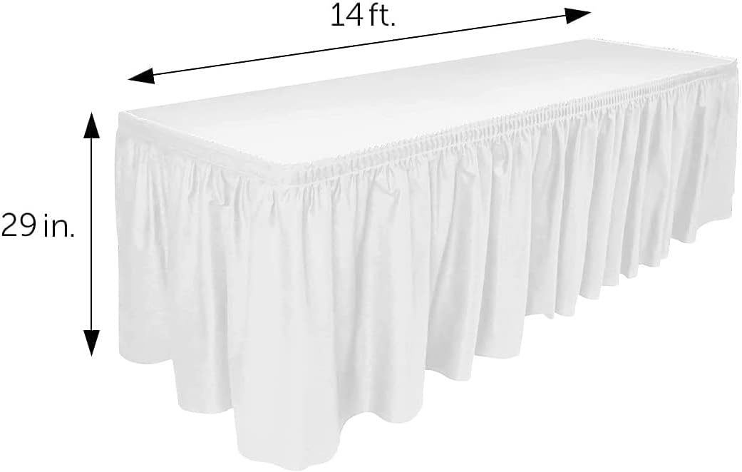 DecorRack 4 Table Skirt, 29 in x 14 ft -BPA Free- Plastic Tableskirt, Disposable, Reusable, Rectangular Tablecloth Skirt, White (4 Pack)