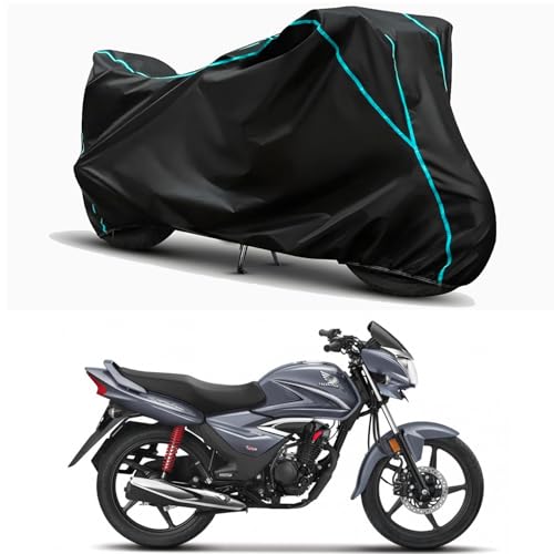 Image of Waterproof Bike Body Cover Compatible for | Honda Shine | Taffeta Fabric, Sky Piping Design, Bottom Elastic Fit | Dustproof, Sun UV & Rain Protection for All Weather.