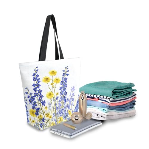 Extra Large Shoulder Tote Bag for Beach Travel Weekender Gym Watercolor Wildflowers Yellow Blue Flowers Reusable Grocery Canvas Shopping Bag3