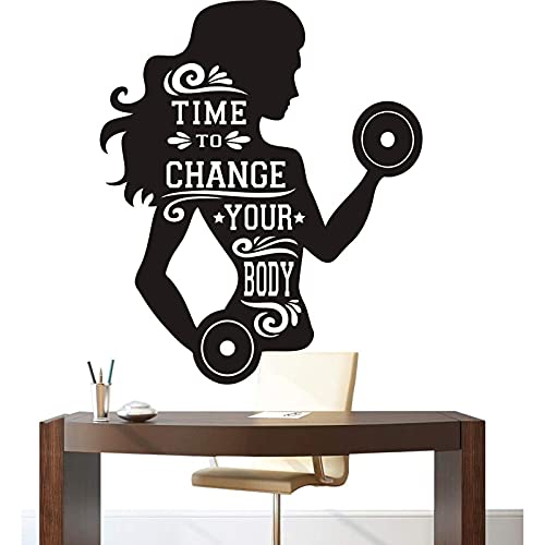 Qarunt Gold Gym Strodybuilding Mural Décalque | Mur d'art détachable Girl féminin Inspiration Citez il Le Temps de Changer Votre Corps | Art Sticker Mural (Noir, 35x30 cm) Cover