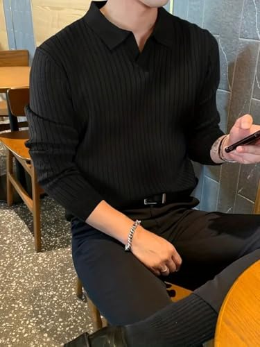 Men's Spring & Fall Solid Drop Shoulder Long Sleeves Collar Sweater,Casual Slim Long Sleeve Pullover Knitwear for Daily2