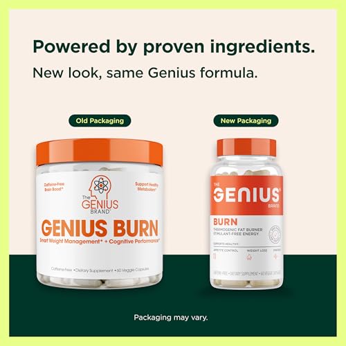 Image of Genius Thermogenic Fat Burner, 60 Diet Veggie Pills - Weight Loss & Metabolism Supplement, Appetite Suppressant & Energy Booster - Caffeine-Free Nootropic Focus & Brain Boost - Ashwagandha & TeaCrine