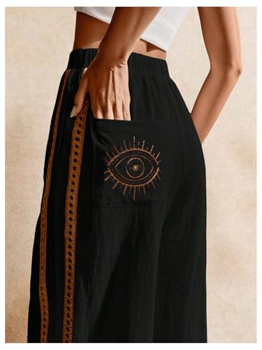 SOLY HUX Women's Wide Leg Pants Elastic High Waisted Embroidery Casual Long Trousers with Pockets4