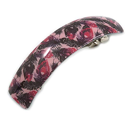 Barrette à cheveux carrée acrylique 85 mm motif plume rose noir pour pince crabe alternative