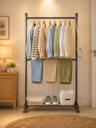 Image of Metal Multifunctional Heavy-Duty Quality Garment Stand Cloth Rack Freestanding Storage with Bottom Shelves Adjustable Single Solid Stainless Steel Spider (Pole Square, Double Stnad)