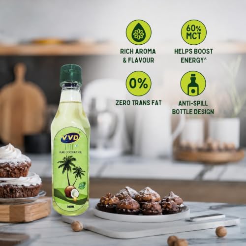 Image of VVD Lite Pure Coconut Oil 500ml Bottle | Pure Coconut Oil for Cooking | Natural Coconut Cooking Oil | Rich Coconut Aroma & Taste | Traditional Cooking Oil | Free from Argemone Oil | Non - sticky | Non-greasy | Less Viscous
