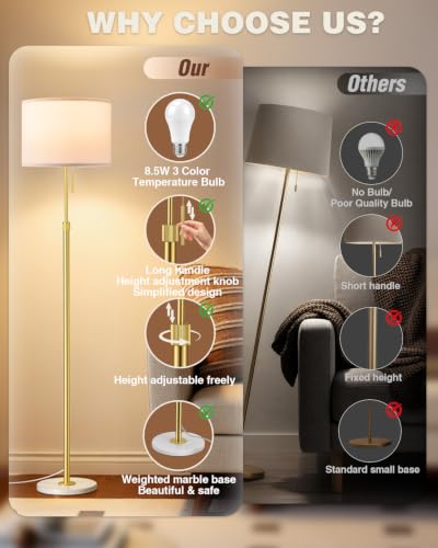 Image of Ambimall Height Adjustable Modern Gold Floor Lamp, Gold & White