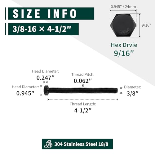 Image of 3 /8-16 x 4-1 /2 inch Hex Head Bolts Black, 304 Stainless Steel 18-8 Hexagon Head Screws Bolts, Black Oxide Finish, Allen Hex Drive, 8 PCS