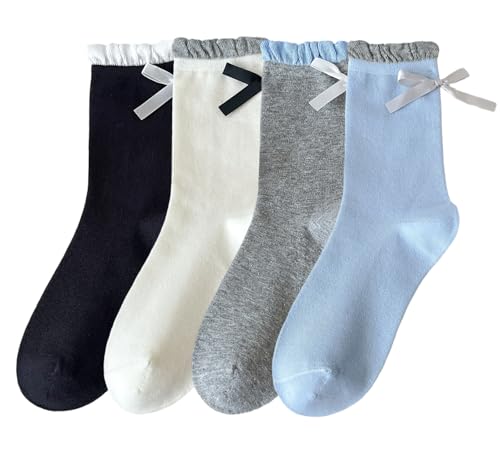 Image of Women's Bow Crew Socks - Cotton Sweet Lolita Dress Breathable Soft Girls' Socks - 3 Pairs