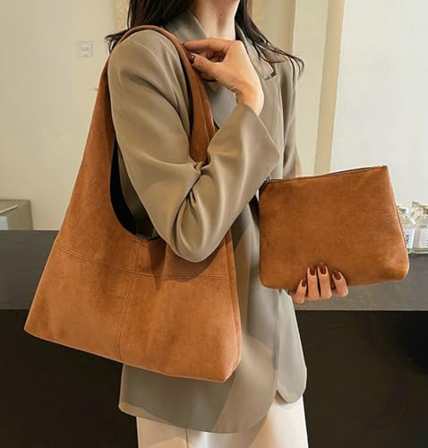Slouchy Suede Shoulder Bags for Women Large Retro Tote Bag Work Purses Handbag Casual Fall Satchel 2pcs4