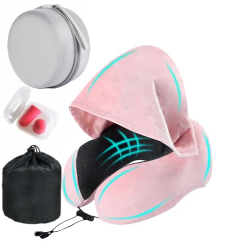 Image of Travel Neck Pillow with Extra Large Hood Rollable Airplane Hooded Neck Pillow with Memory Foam Filling and Removable, Skin-Friendly Cover with a Carrying Case & Pouch (Velvet)