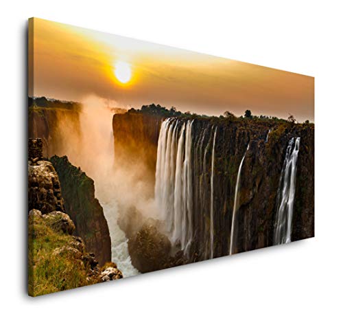 Paul Sinus Art Wasserfall mit Sonnenuntergang 120x 60cm Panorama Leinwand Bild XXL Format Wandbilder Wohnzimmer Wohnung Deko Kunstdrucke