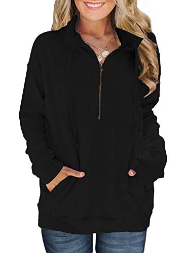 Diukia Women's Casual Half Zipper Stand Collar Pullover Sweatshirt Drawstring Solid Color Long Sleeve Pullover Tops with Pocket Black M