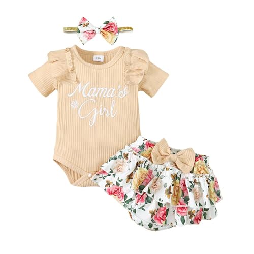 Image of Kaipiclos Newborn Baby Girl Mamas Girl Outfit Short Sleeve Letter Romper Ruffled Floral Shorts 3Pcs Cute Summer Clothes Set