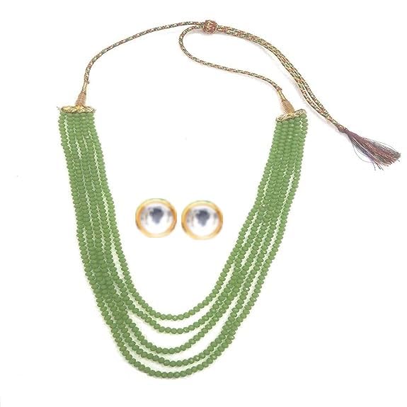 Semi Precious Gemstone Beads Necklace Crystal 4 Mm Beads Light Green Color 16 Inch Long 5 Layer With Stud Earring Traditional Mala For Girl And Women Fashion Jewellery-image-17