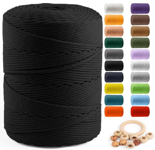 Image of ZUEXT Macrame Cord, Black, 4mm x 547yds Cotton String Macrame Yarn | Natural Handmade, 4 Strands Twisted Cotton Rope, for Craft Wall Hanging Weaving Tapestry Dream Catchers Hanger DIY Gift, 500m