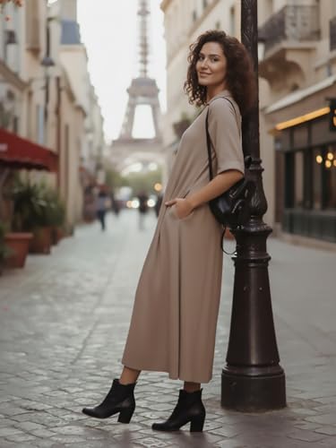 Image of Varanga Casual Flowy Midi Dress for Women | Solid Beige A-Line Maxi Dress with Collar & Pockets | Comfortable Summer Dress for Women