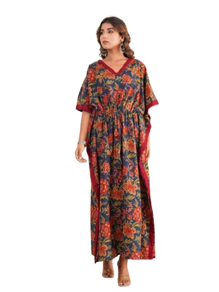 modi factory Women’s Floral Printed Kaftan Maxi Dress with Border | Cotton Bohemian Long Kaftan with Adjustable Drawstring Waist | Relaxed Fit Summer Lounge Wear. Blue-picture-36