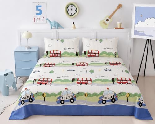 Image of Filymore Kids Double Bedsheet with 2 Pillow Covers | Police Car Printed Bed Sheet for Double Bed | 240 TC Soft Microfiber Bedding Set | 90 x 90 Inch Bedspread | Blue & Red