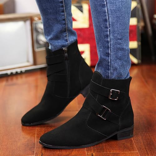 Men'S PU Block Heel Dress Chelsea Boots With Side Zipper Pointed Double Buckle Chunky Heel Non-Slip Business Chukka Motorcycle Comfortable Walking Ankle Boots4